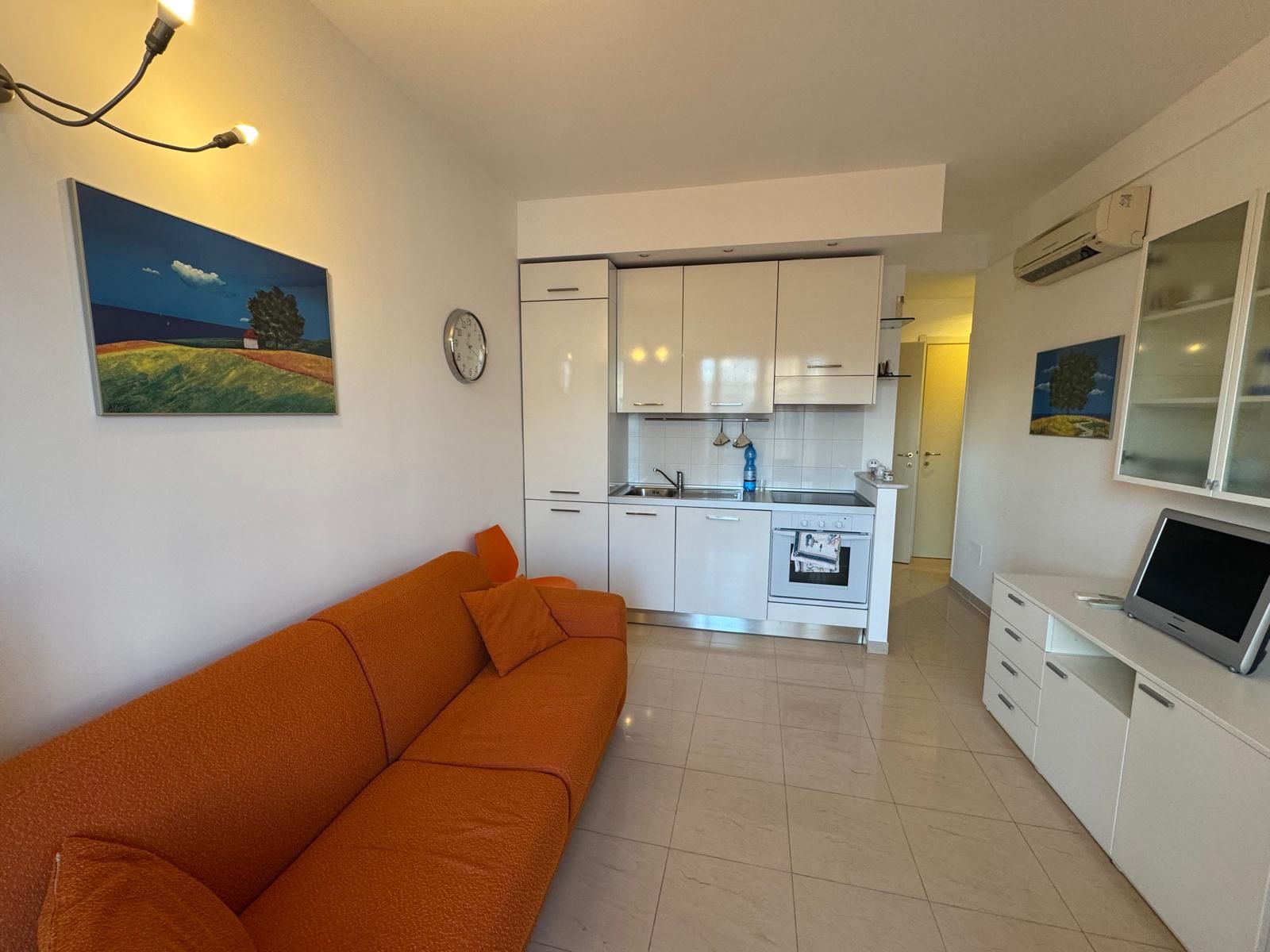 Séjour avec cuisine ouverte de l'appartement contemporain